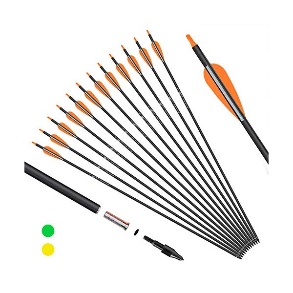 KESHES Archery Carbon Arrows for Compound & Recurve Bows - 30 inch Youth Kids and Adult Target Practice Bow Arrow - Removable Nock & Tips Points (12 Pack) (Orange)