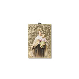 Fratelli Bonella | Sacred Picture on MDF Poplar Wood 8 mm with Mosaic Made of Gold Foil of the Madonna des Carmen with Prayer Chain on the Back 10 x 15 cm | Made in Italy