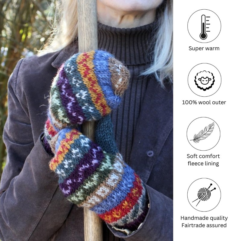 Pachamama Women Wool Mittens Fleece Lined Handknitted Fairisle Green Multicoloured