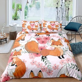 Feelyou Kids Cartoon Fox Comforter Cover Cute Orange Fox Duvet Cover for Boys Girls 3D Animal Theme Decor Bedding Set Floral Botanical Bedspread Cover Room Decor 2Pcs Twin Size,Zipper