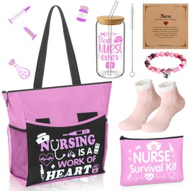 Yetene 5 Pcs Nurse Gifts for Women Include Zippered Tote Bag Survival Kit Bag 16 oz Glass Cup Bracelets and Sock Nurses Week Appreciation Gift Set for Female Rn School Graduation(Pink)