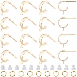 CREATCABIN 18Pcs Half Hoop Earring Findings 18K Gold Plated Brass Round Stud Earrings with Loop Huggie Earrings Posts with Ear Nuts Open Jump Rings for DIY Jewelry Dangle Earring Making Accessories