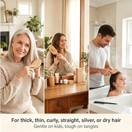 Juego de cepillo y peine de cerdas de jabalí para mujeres, hombres y niños, el mejor cepillo de pelo de paleta de madera natural y cepillo de peinado 