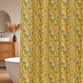Fammio Floral Bird Shower Curtain, Boho Yellow Shower Curtain 72x72, Hummingbird Jungle Victorian Farmhouse Botanical Shower Curtain for Bathroom, Chic French Country Style