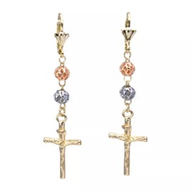 Virgin Mary Cross Three Tone Gold Plated Jesus Cross Drop Hoop Earrings