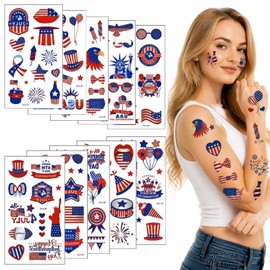 100PCS 4th of July Temporary Tattoos Set, Patriotic USA Flag Stickers for Independence Day Party, Red White Blue Body Tattoos for Kids, Adults, Class Prizes & Party Favors (C Style)