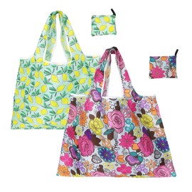 FAVORTALK Folding Shopping Bags - 2 Pcs Large Foldaway Reusable Shopper Bags Durable Machine Washable Grocery Bags for Heavy Duty Shop Bags for Travel Kitchen Storage - D16405