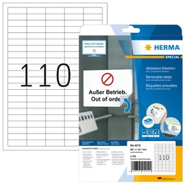 HERMA HERMA 4210 Universal Etiketten ablösbar, 25 Blatt, 38,1 x 12,7 mm, 110 pro A4 Bogen, 2750 Stück, selbstklebend, bedruckbar, matt, blanko Papier Klebeetiketten Aufkleber, weiß