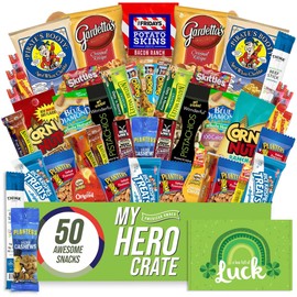 Military St. Patrick's Day - Men's Hearty Snack Box (50 Piece Variety Gift Basket Care Package) Jerky, Nuts, Chips, Pretzels & More - My Hero Crate
