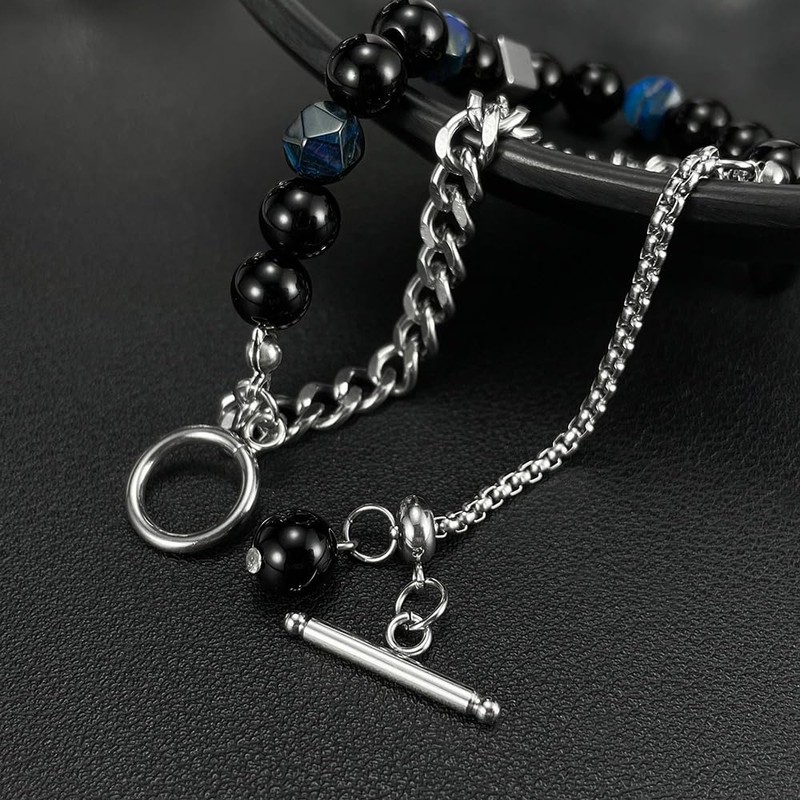 Rockyu Men's Bracelet, Stylish, Double Chain, Stainless Steel, Natural Stone,