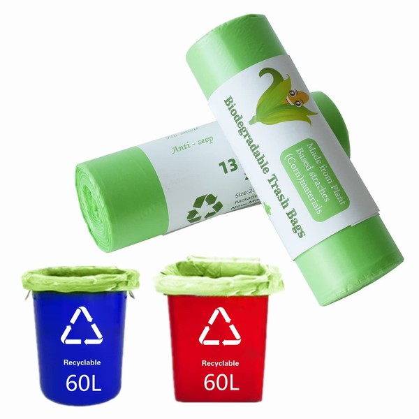 RTBQJ-AT 100% Biodegradable Bin Liners, 60L 30 Bags Biodegradable Food