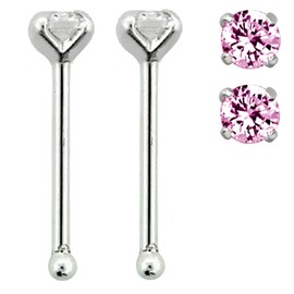 22G Sterling Silver CZ Crystal Gem Prong Set Nose Bone Stud (Pink - Set of 2)