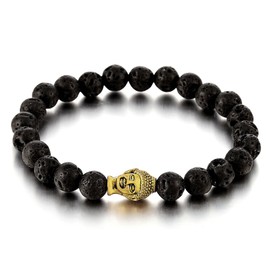 COOLSTEELANDBEYOND Mens Boys Black Volcanic Stone Beads Bracelet with Gold Color Buddha, Tibetan Buddhist Prayer Mala