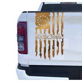 We The People Betsy Ross Flag 1776 Distressed American USA US Flag Truck Tailgate Vinyl Decal Stickers Preamble of The US Constitution (10" x 18") (Copper Metallic)