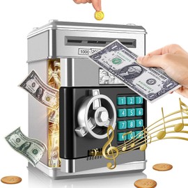 Alcancía, Alcancía Electrónica para Niños, Alcancía Cajero Automático con Cierre de Contraseña, Alcancía con Música, Caja de Ahorro de Efectivo Y Monedas con Desplazamiento Automático (Plateado)