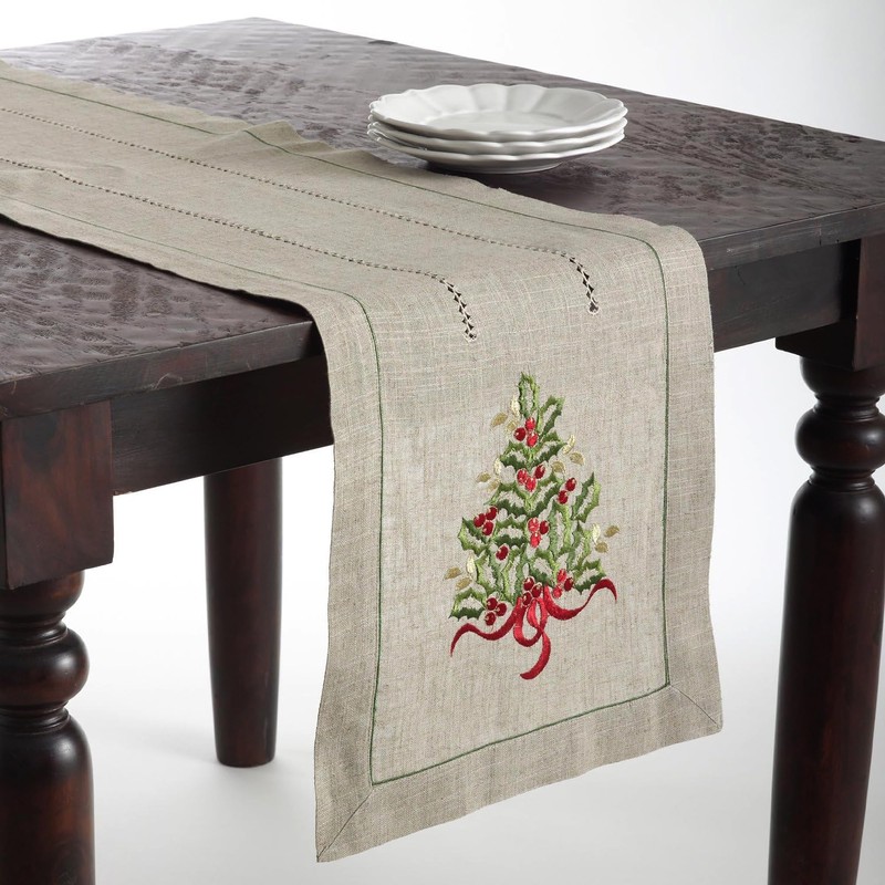 SARO LIFESTYLE 60041.N1690B Holly Collection Christmas Tree Embroidered Table Runner,