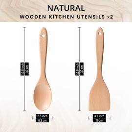 Hefild 2pcs Wooden Spatula Spoon for Cooking, Thicker 12inch Coated Beech Wood Turners for Frying, Non-Scratch Flat Spurtle for Pan & Wok, Cooking Utensils for Non Stick Cookware, Long Handle Scraper