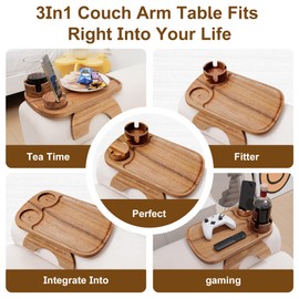 UbrandRoost Acacia Wood Couch Arm Tray,3 in 1 Large Clip on Couch Arm Table with 360° Rotated Phone Holder and Cup Holder, 15.35"x9.85"