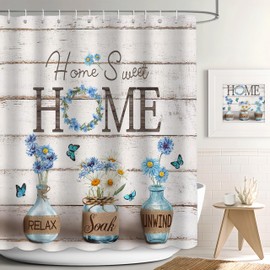 APROPHIC Farmhouse Shower Curtain, Blue Daisy Rustic Bathroom Decor with Waterproof Fabric, Country Style Home Sweet Home Shower Curtains for Vintage Bathroom, 72x72 Inch