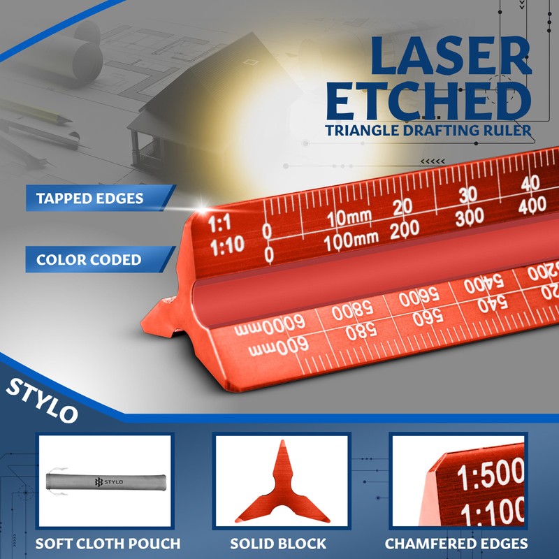 Stylo 12" Aluminum Architect Scale Ruler Laser Etched Triangle Drafting