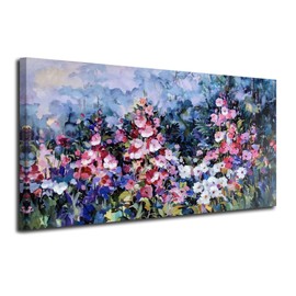 Arjun Flowers Wall Art Pink Elegant Painting Modern Abstract Colorful Floral Landscape Picture Canvas Rustic Wildflowers 48"x24" Large Framed Artwork for Bathroom Living Room Bedroom Home Office Décor