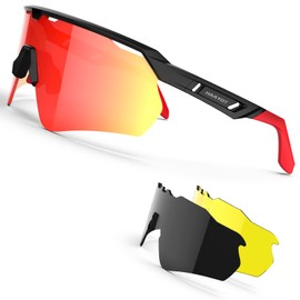 HAAYOT Polarised Cycling Glasses for Men Women Sports Sunglasses with 3 Lenses TR90 Frame MTB Glasses Mountain Bike Glasses Running Fishing Driving Cycling Shiny Black & Red