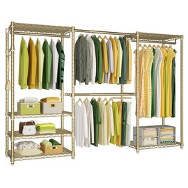 Ulif E1 Heavy Duty Closet Garment Rack, 6 Tiers Adjustable Metal Freestanding Expandable Clothing Storage with 4 Hanger Rods, Easy to Assemble Wardrobe, 71.4" H x (70" - 88.2") L x 14" D, Gold