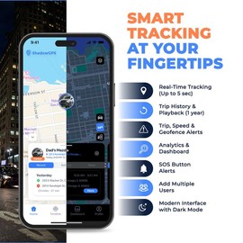 ShadowGPS GPS Tracker for Vehicles - Real Time Car Tracker with Trip History, Driving Alerts, GeoFence for Fleets & Family with 14 Days Free Trial, Rechargeable Battery, Tracking Device Only