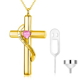 SOULMEET Crystal Cross Necklace for Ashes, Gold Plated Silver I Love You Forever Birthstone October Cross Urn Necklaces for Ashes Keepsake Cremation Jewelry for Pet Human Ashes