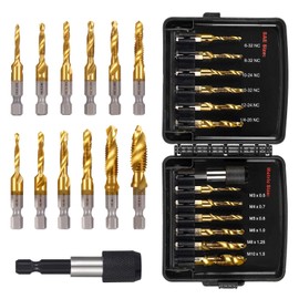 OCR 13PCS Titanium Drill Tap Set, HSS SAE & Metric Drill and Tap Bits with Quick Change Adapter, 3-in-1 Tool for Drilling, Tapping, Countersinking for Metalworking (Black)