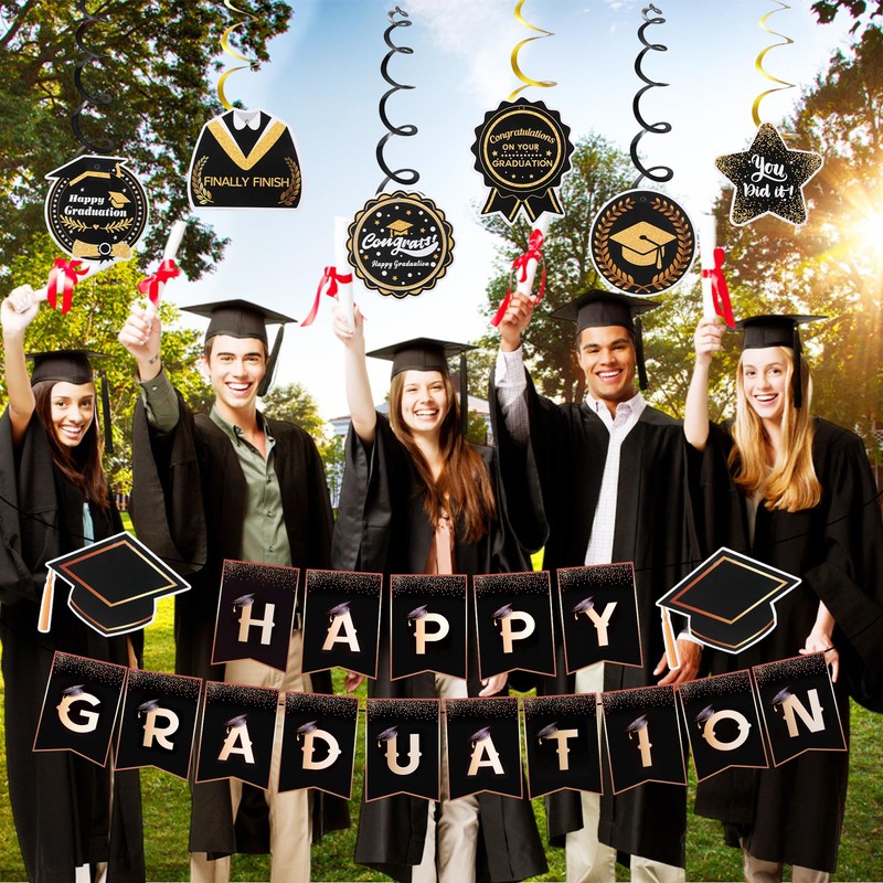 Happy Graduation Banner,Black and Gold congrats grad Signs Banner,Graduation Party