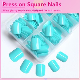 AddFavor Turquoise Press on Nails Short Fake Nails, 240pcs Acrylic Nails Press ons False Nails Short Press on Nails Square Glue on Nail Presson with Adhesive Tab for Women Fingernail Girls Kid