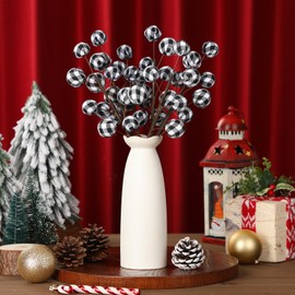 Suncalla 6 Pcs 11.8 Inch Christmas Buffalo Plaid Ball Pick Christmas Tree Decoration Xmas Black and White Ball Picks Tree Branches Arrangement Decoration for Xmas Vase Holiday Party Favor Supplies