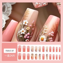 Flower Press on Nails Medium Long Coffin Fake Nails with Designs Summer Spring Pink False Nails Floral Gel Acrylic Nails Full Cover Glue on Nails Flowers Daisy Stick on Nails for Women 24Pcs