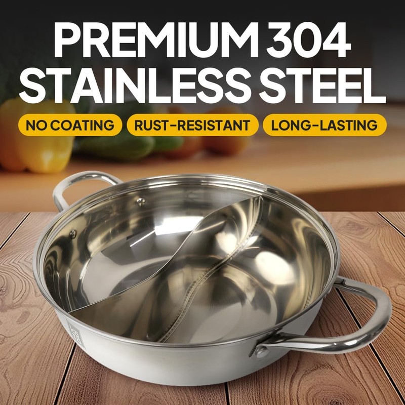 KOTO 304 Stainless Steel Divided Hot Pot – 11”, 4.5L