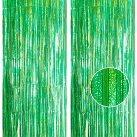 2pcs 3.2 x 8.3ft Glitter Green Tinsel Curtain Foil Fringe Curtain Backdrop Party Streamers Curtain Photo Backdrop Decorations for Birthday School Graduation Hen Christmas Party Decorations