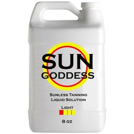 SUN GODDESS – LIGHT - Spray Tan Solution - 8 oz - Sunless Self Tanning Liquid for Airbrush or HVLP System + INCLUDES: Applicator Mitt, Application Gloves and Best Fake Tanner Lotion Mousse Sample