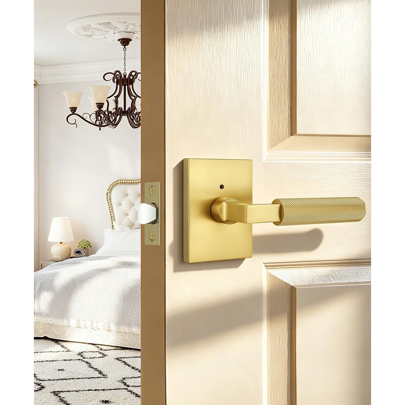 Probrico Brushed Gold Privacy Door Handle, Knurled Lever, Heavy Duty