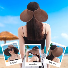 Wide Brim Straw Sun Hat for Women Summer Beach Vacation Essential Foldable & Packable Gardening Hat with Ponytail Design Perfect for Travel. (Coffee)