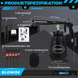 Compressed Air Gun 1 L, Air Pressure Gun with Curved Metal Tube, Air Gun Compressed Air Cleaning Gun Accessories with Removable Metal Nozzle & Brush Head, Car Cleaning Set Including Brush & Wash Mitt