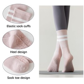 AYNKH 5 Pairs Yoga Socks, Anti Slip Pilates Socks Grippy Socks Breathable Cotton Socks Mid-Calf Grip Socks with Stripe for Women Girls Yoga Fitness Dance Ballet Workout Running Home Floor