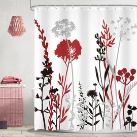 Omifly Burgundy Red Floral Shower Curtain 60Wx72H Inch Black Grey Silhouette Wildflower Rustic Boho Plant Vintage Botanical Leaves with 12 Plastic Hooks Fabric Waterproof Toilet Accessories Decor