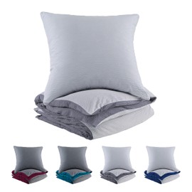 BaSaTex Microfibre Seersucker Bed Linen and Pillowcase Plain Reversible Duvet Cover for Duvet and Pillow 135 x 200 cm + 80 x 80 cm 100% Microfibre Polyester Silver Grey Anthracite