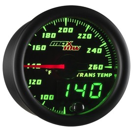 MaxTow Double Vision 260F Transmission Temperature Gauge Kit - Includes 1/8-27 NPT Electronic Sensor & Wiring - Black Dial - Green LED Lighting - Analog & Digital Readouts - for Trucks - 2-1/16" 52mm