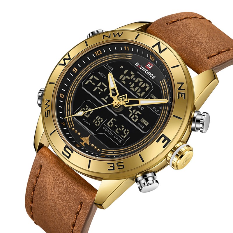 NAVIFORCE Male PU Band Quartz Electronic Watch Waterproof Sports Wristwatch(Gold)