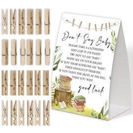 Storybook Don't Say Baby Game for Baby Shower, Pack of One 5x7 Sign and 50 Mini Natural Clothespins, Book Baby Shower Decoration, Gender Neutral Party Supplies - SC34