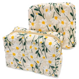 2PCS Floral Makeup Bag Set, Portable Zippered Cosmetic Bags for Women, Clutch and Cotton Pouch for Travel & Daily Use Toiletry Organizer, Beige