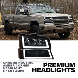 CROSSDESIGN LED DRL headlights Compatible with Chevy Silverado 1500 2500 3500 & HD Model 2003-2006 /Fit 03-06 Avalanche 1500 2500 Clear lens Black Housing Amber Reflector