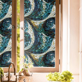 Vintage White Blue Green Geometric Mosaic Stained Glass Window Films Decorative Double-Side Privacy Film Self-Adhesive Static Glass Clings for Living Room Bathroom Decor