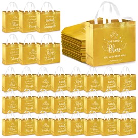 Sweetude 30 Pcs Christian Gift Bags Bulk with Bible Verse 13 x 11 x 5 Inch Religious Glossy Tote Reusable Goodie Bags with Handles for Wedding Holiday Birthday Party Favors Gift(Gold)